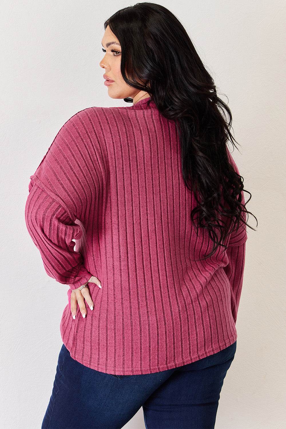 Basic Bae Full Size Ribbed Half Button Long Sleeve High-Low T-Shirt - DaTrendStore.Com