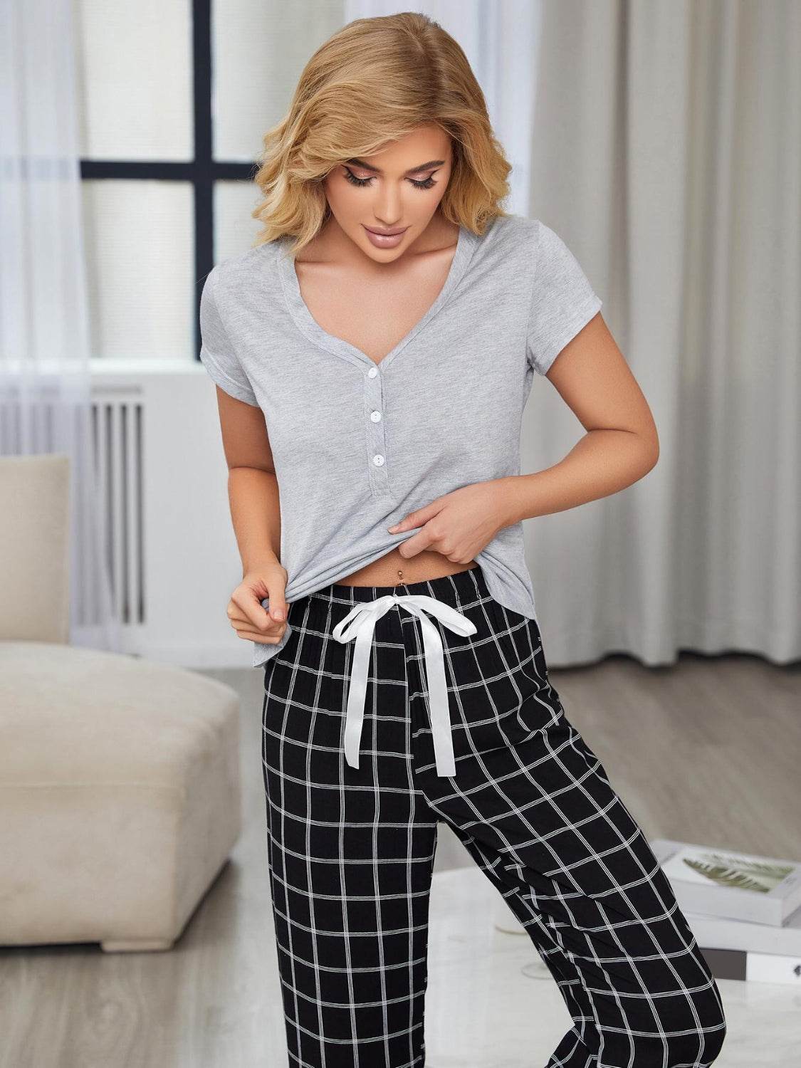 V-Neck Short Sleeve Top and Pants Lounge Set - DaTrendStore.Com