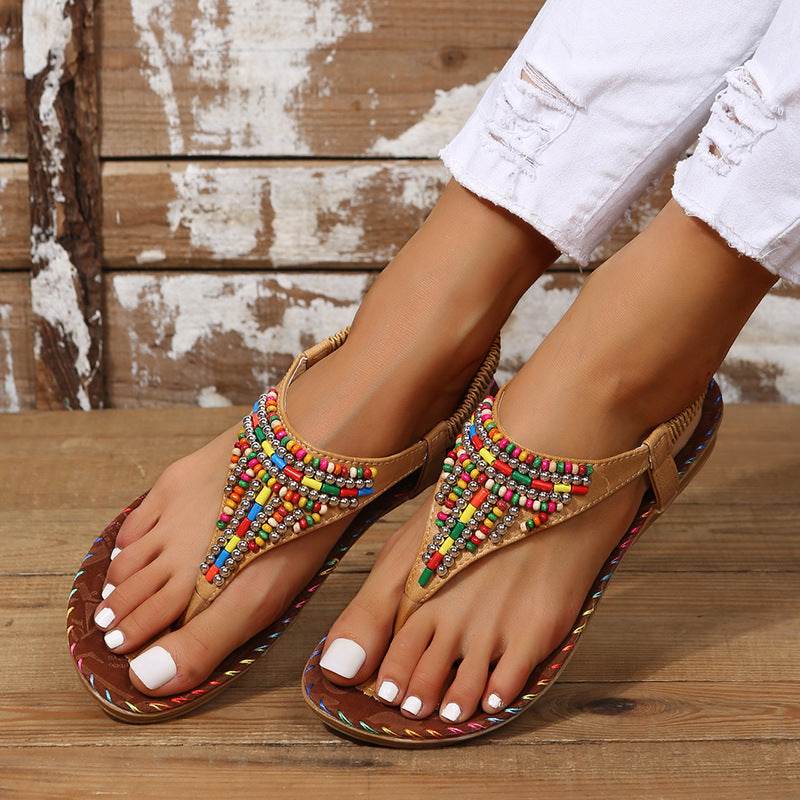 PU Leather Beaded Flat Sandals - DaTrendStore.Com