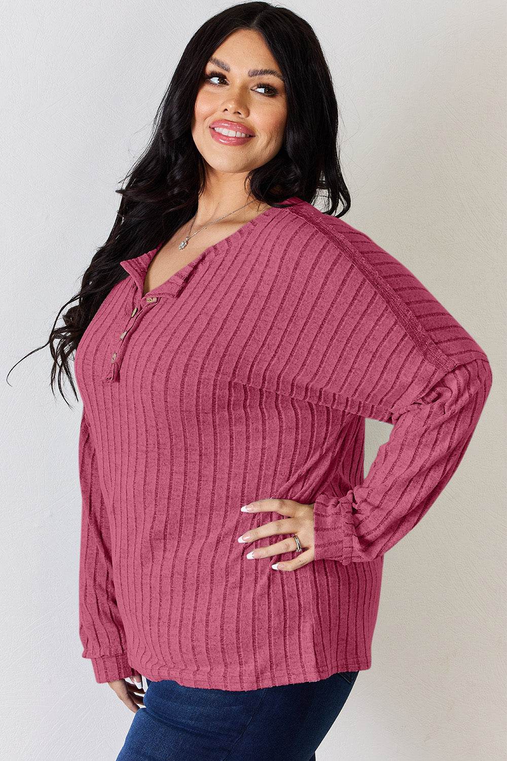 Basic Bae Full Size Ribbed Half Button Long Sleeve T-Shirt - DaTrendStore.Com