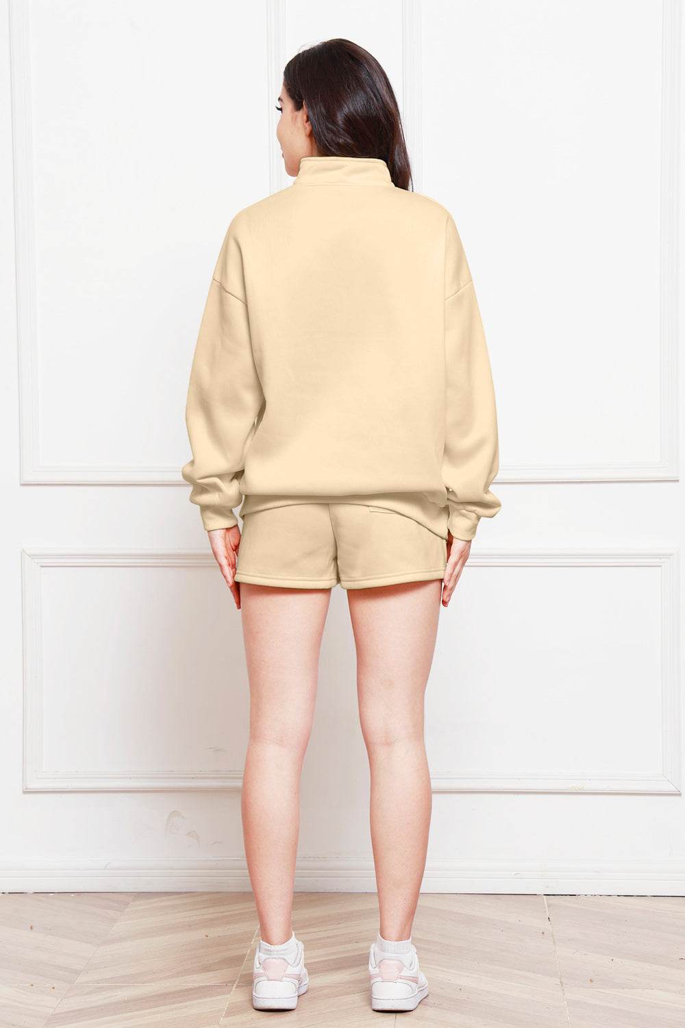 Half Zip Long Sleeve Sweatshirt and Drawstring Shorts Set - DaTrendStore.Com