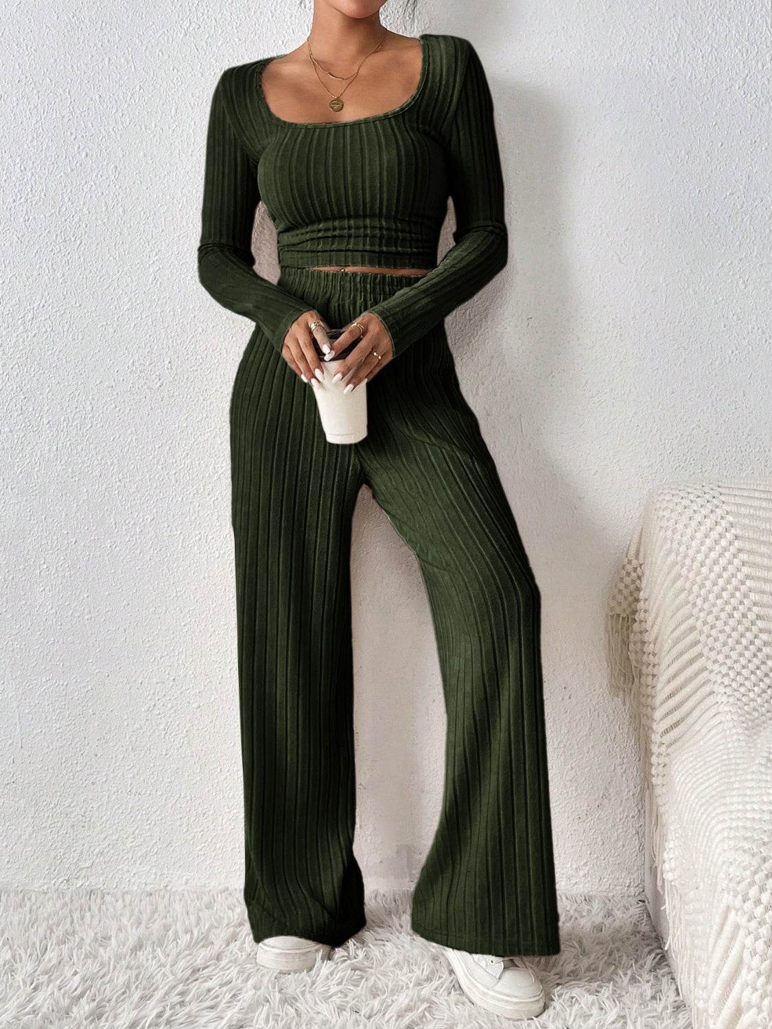 Honey Scoop Neck Long Sleeve Top and Pants Set - DaTrendStore.Com
