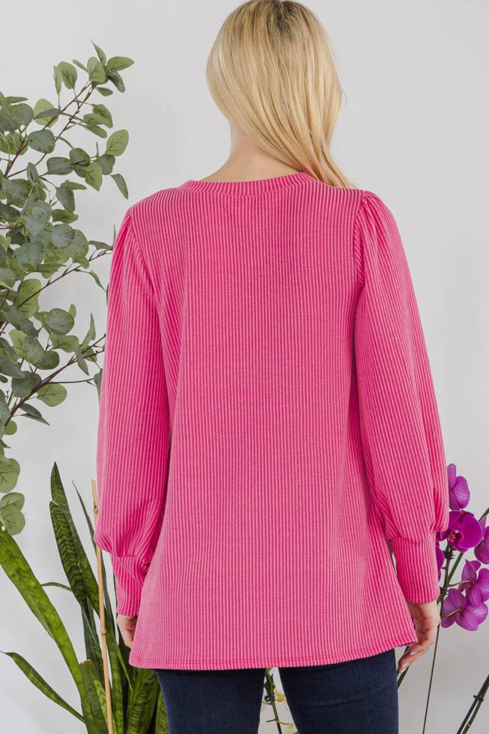 Celeste Full Size Striped Round Neck Lantern Sleeve Top - DaTrendStore.Com
