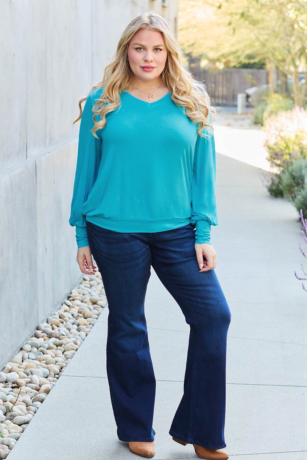 Basic Bae Full Size V-Neck Lantern Sleeve Top - DaTrendStore.Com