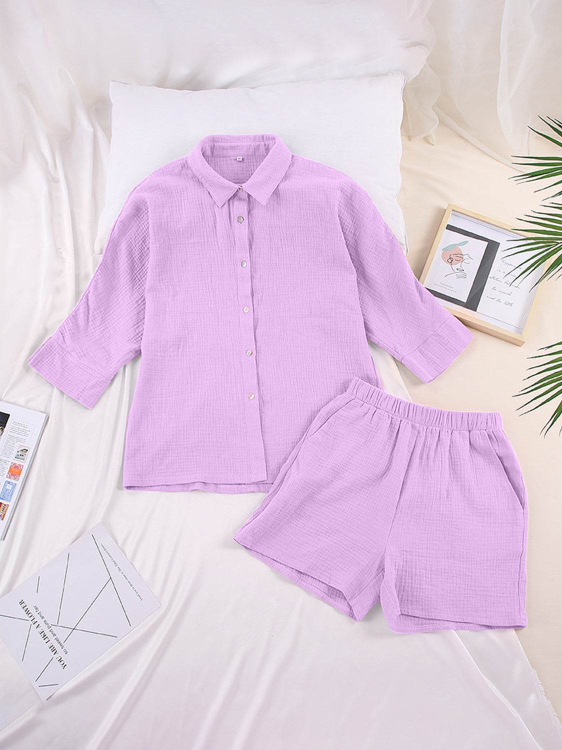 Texture Button Up Shirt and Shorts Set - DaTrendStore.Com