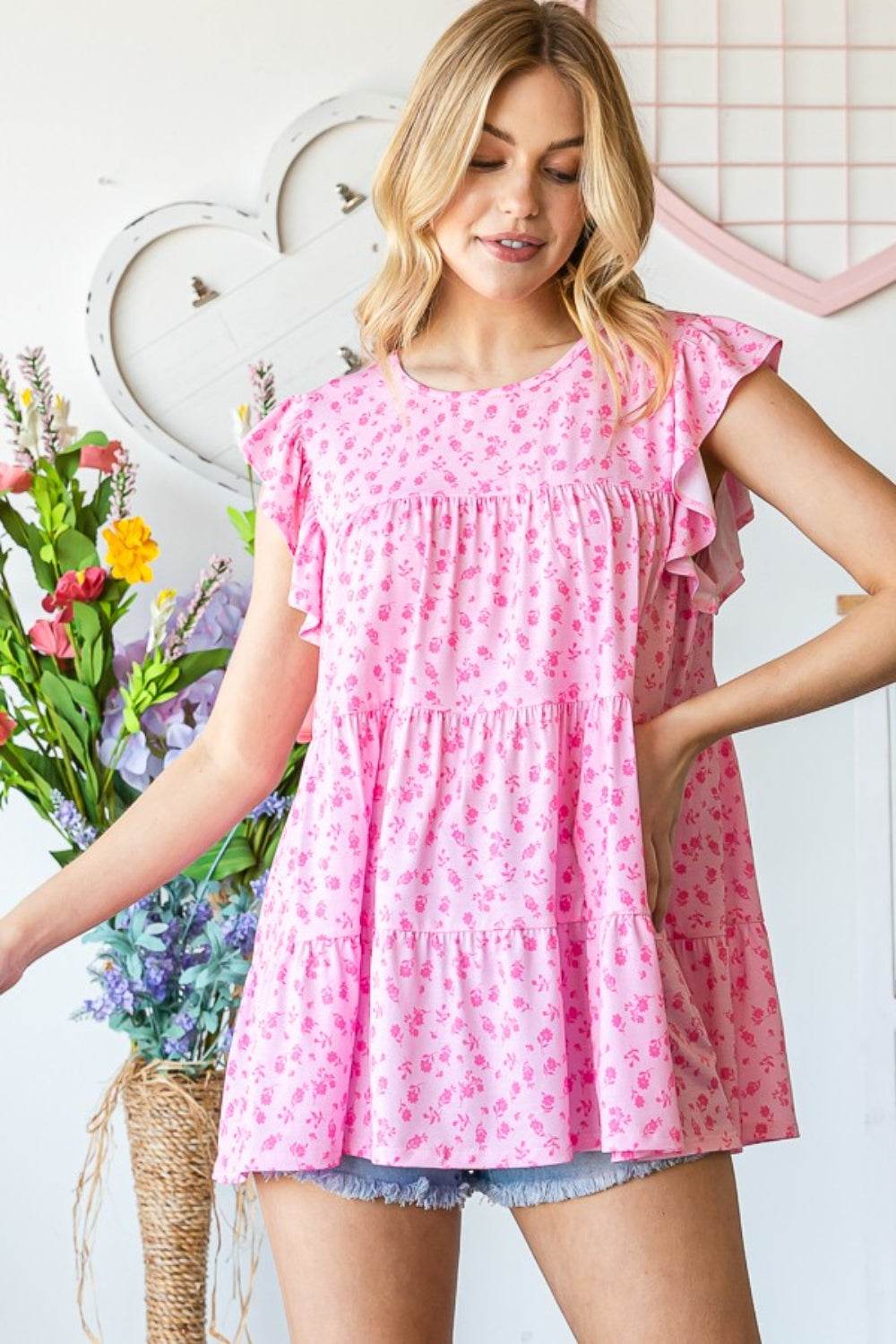 Heimish Full Size Floral Ruffled Tiered Top - DaTrendStore.Com