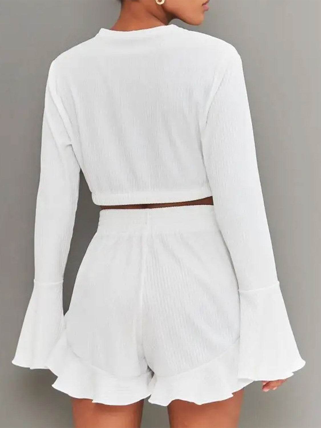 Round Neck Long Sleeve Top and Ruffled Shorts Set - DaTrendStore.Com