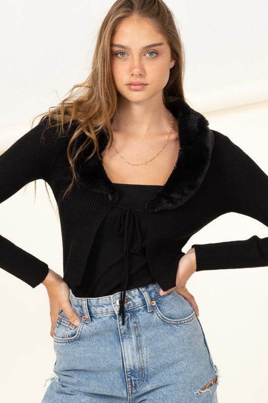 Miss Mesmerize Fur Trim Tie Front Ribbed Cardigan - DaTrendStore.Com