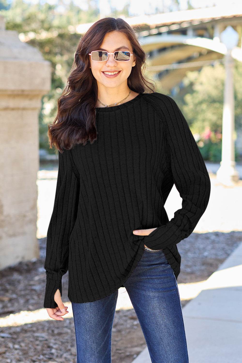 Basic Bae Full Size Ribbed Round Neck Long Sleeve Knit Top - DaTrendStore.Com