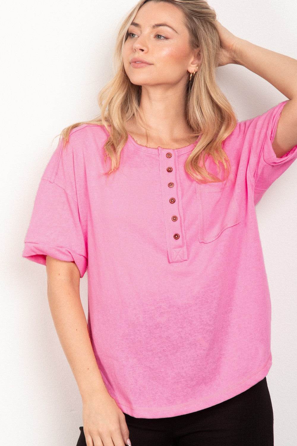 VERY J Twisted Sleeve Band Half Button Top - DaTrendStore.Com