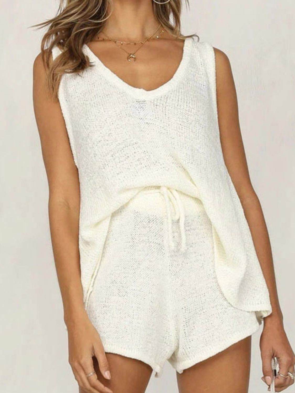 V-Neck Sleeveless Top and Drawstring Shorts Sweater Set - DaTrendStore.Com