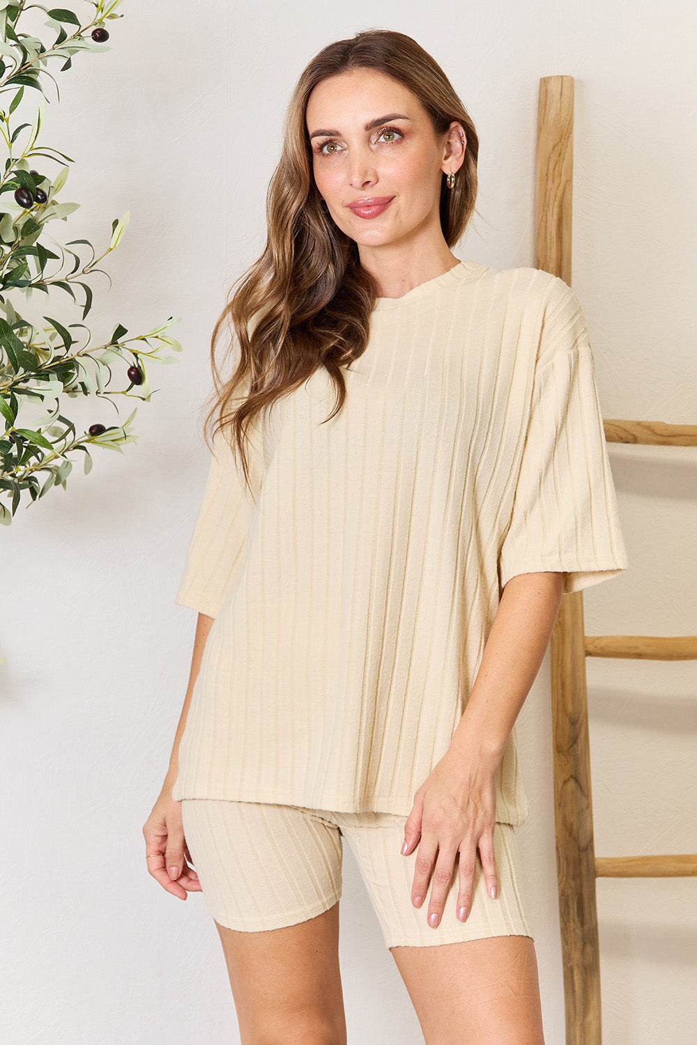 Ribbed Round Neck Top and Shorts Lounge Set - DaTrendStore.Com