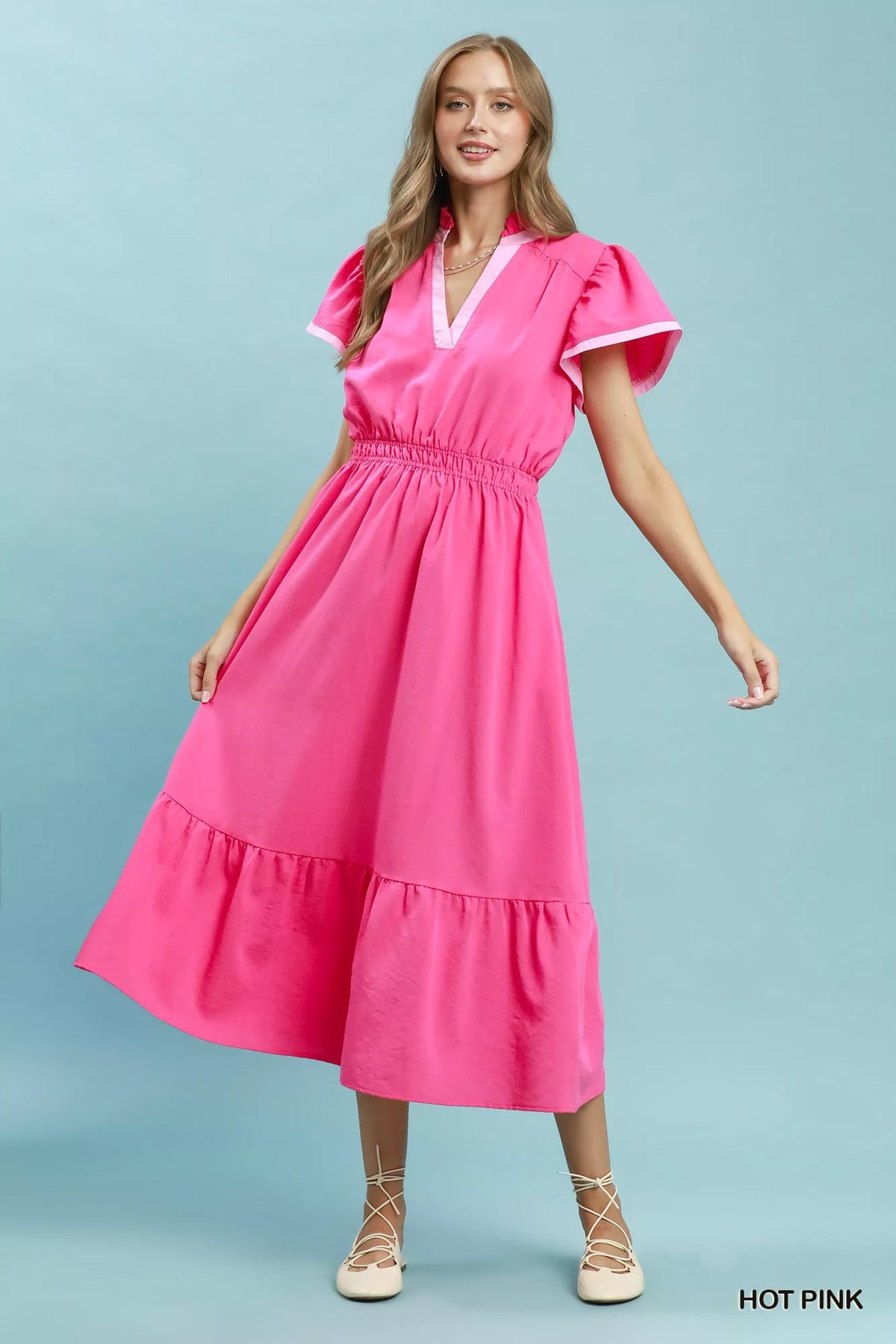 Umgee Contrast Trim Midi Dress with Tiered Ruffle Hem - Hot Pink