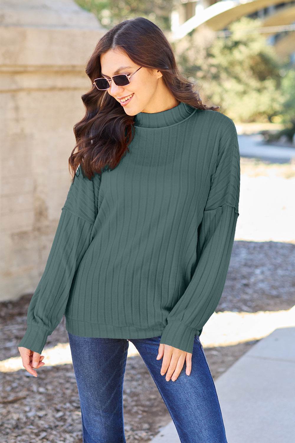 Basic Bae Full Size Ribbed Exposed Seam Mock Neck Knit Top - DaTrendStore.Com