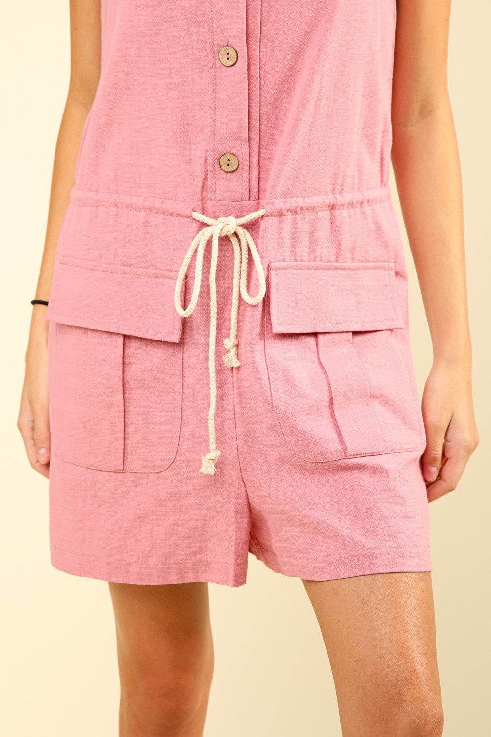 VERY J Half Button Drawstring Sleeveless Romper - DaTrendStore.Com