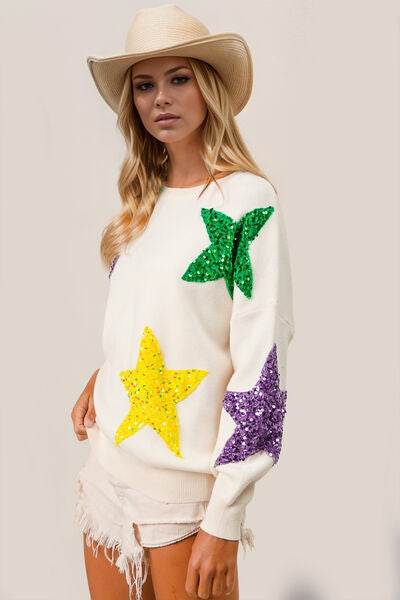 Double Take Sequin Star Round Neck Dropped Shoulder Sweater - DaTrendStore.Com