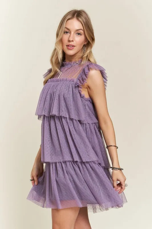 ADORA Mauve Ruffled Cap-Sleeve Mesh Dress