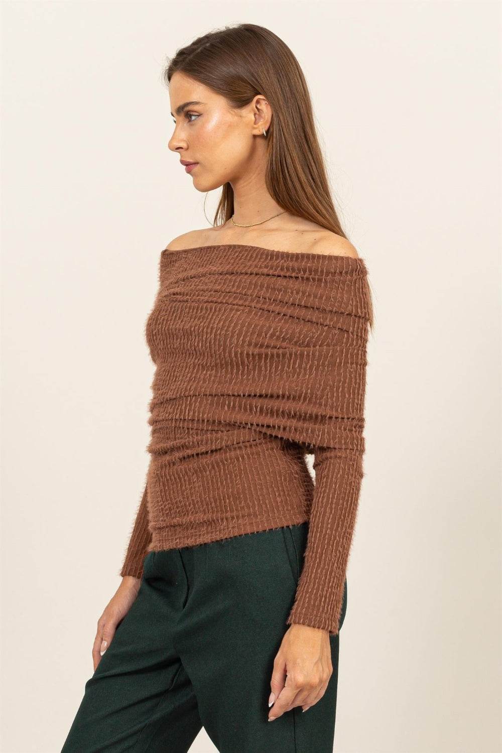 HYFVE Fuzzy Off Shoulder Textured Knit Top - DaTrendStore.Com
