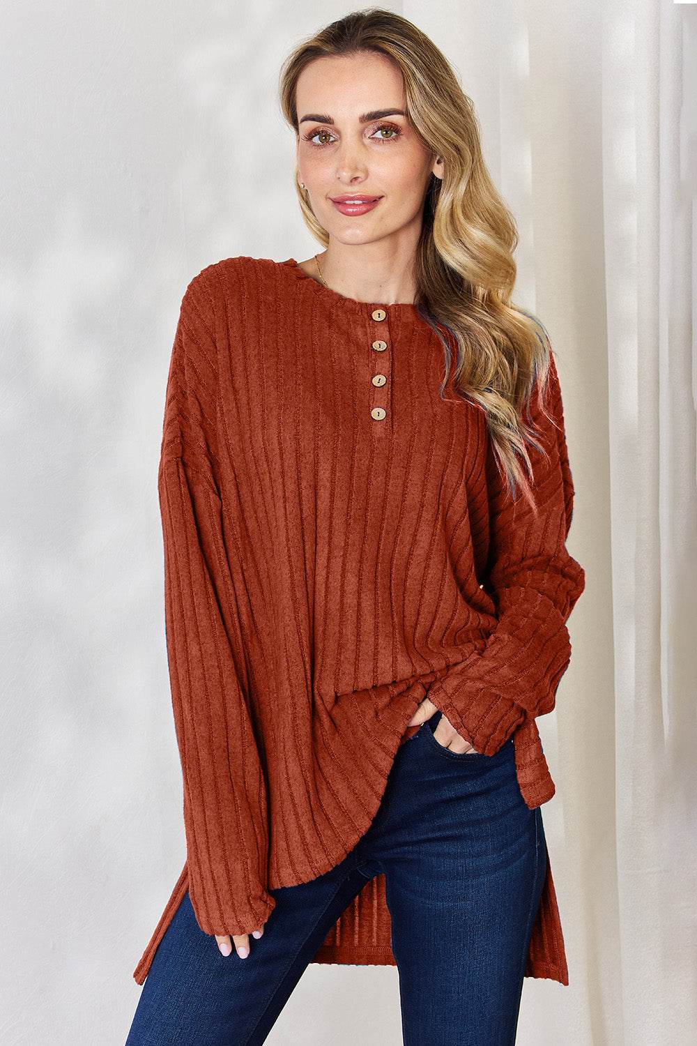 Basic Bae Full Size Ribbed Half Button Long Sleeve High-Low T-Shirt - DaTrendStore.Com