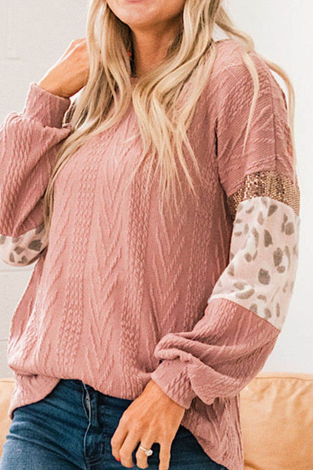 Sequin Leopard Round Neck Long Sleeve Sweater - DaTrendStore.Com