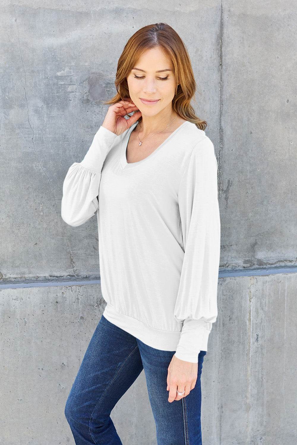 Basic Bae Full Size V-Neck Lantern Sleeve Top - DaTrendStore.Com