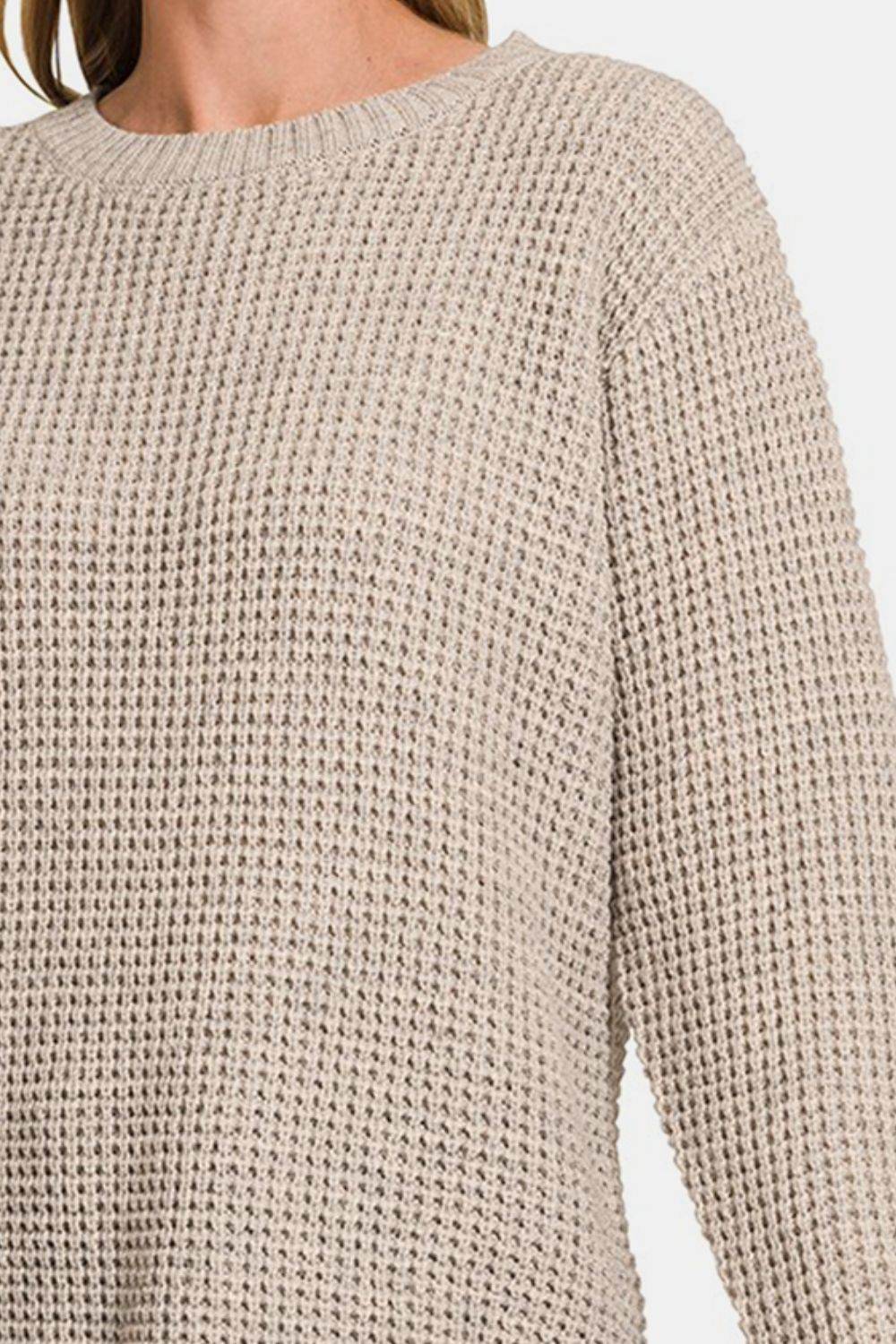 Zenana High Low Long Sleeve Waffle Sweater - DaTrendStore.Com