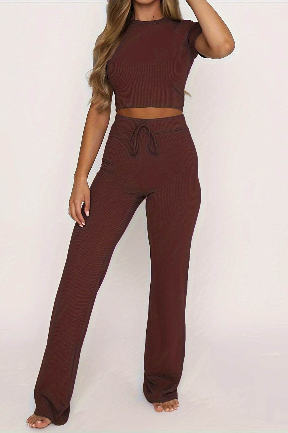 Round Neck Short Sleeve Top and Pants Set - DaTrendStore.Com