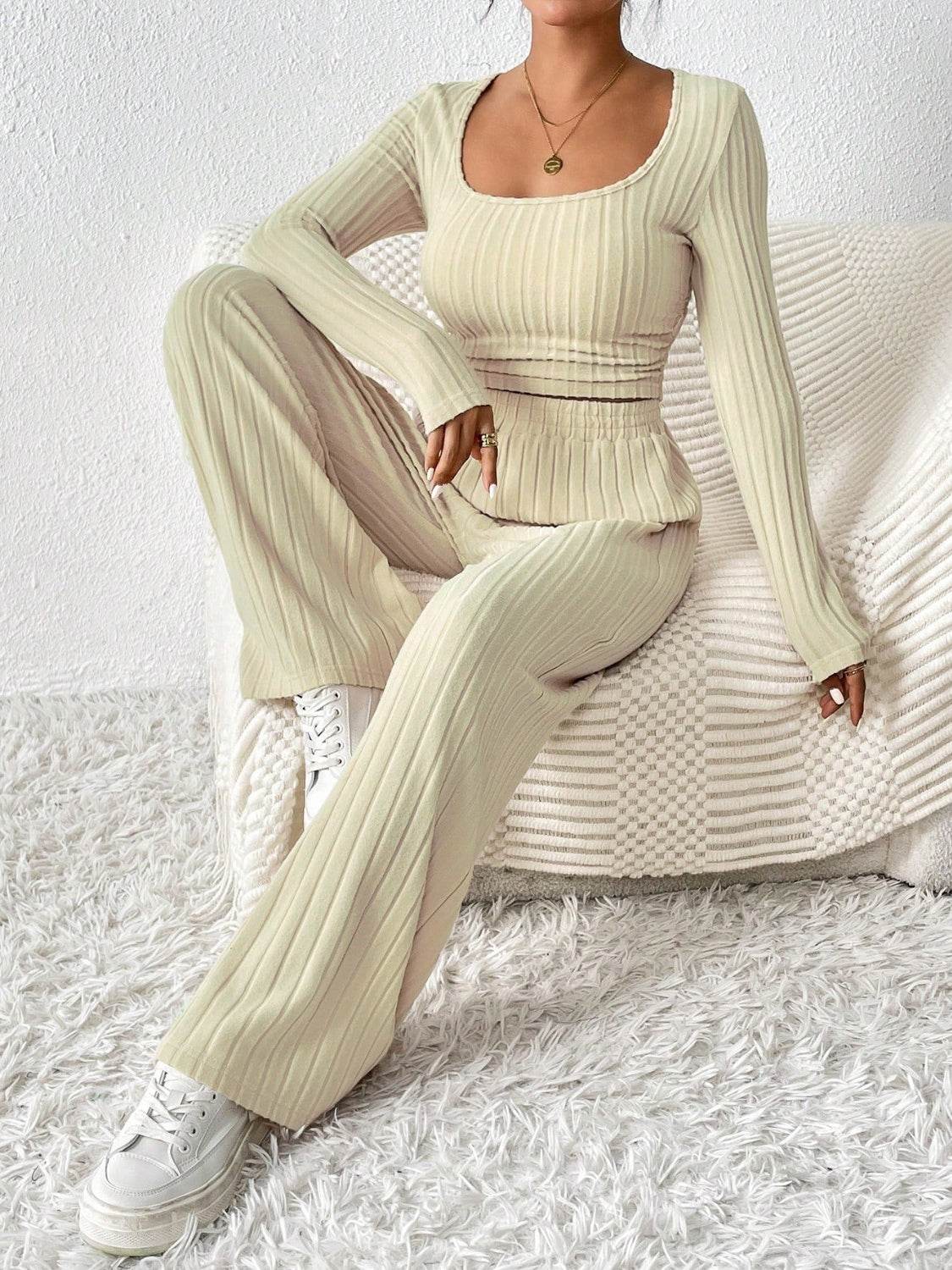 Honey Scoop Neck Long Sleeve Top and Pants Set - DaTrendStore.Com