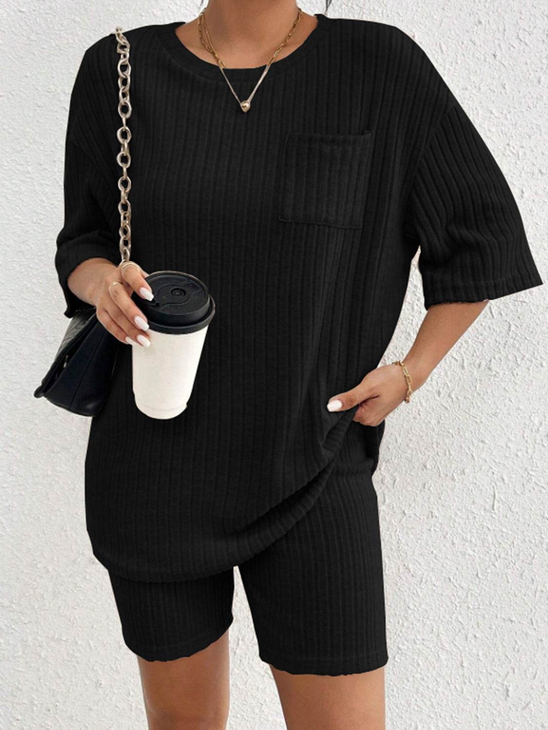Ribbed Round Neck Top and Shorts Set - DaTrendStore.Com
