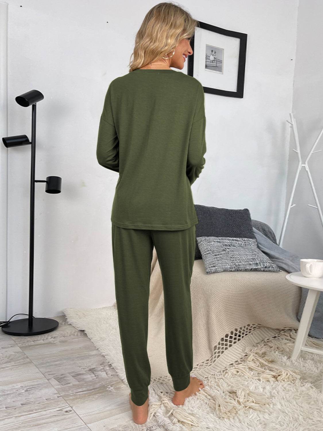Shiny Round Neck Top and Drawstring Pants Lounge Set - DaTrendStore.Com