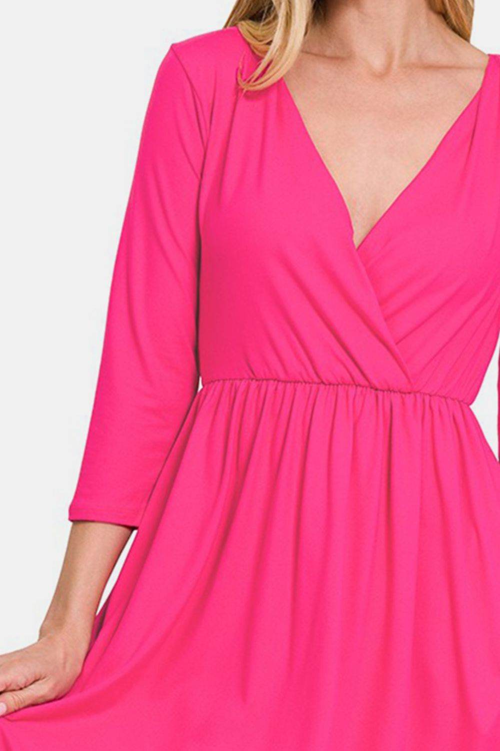 Zenana Three-Quarter Sleeve Surplice Dress with Pockets - DaTrendStore.Com