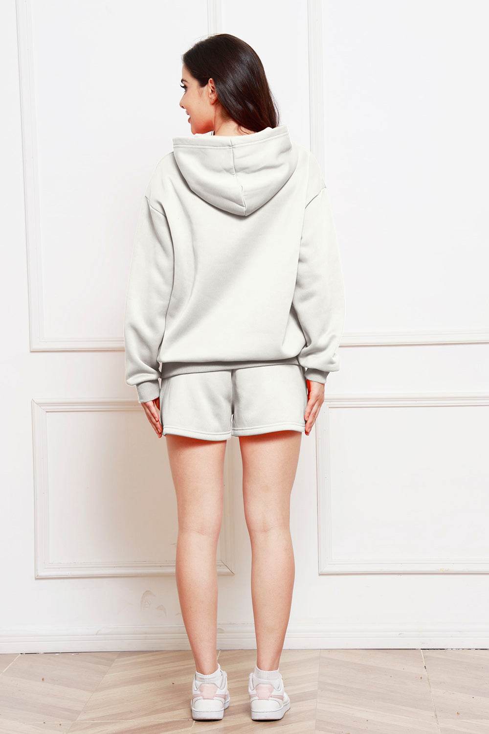 Drop Shoulder Long Sleeve Hoodie and Shorts Set - DaTrendStore.Com