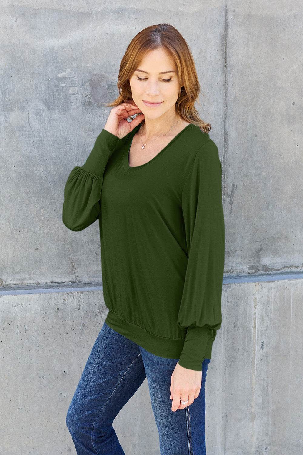 Basic Bae Full Size V-Neck Lantern Sleeve Top - DaTrendStore.Com