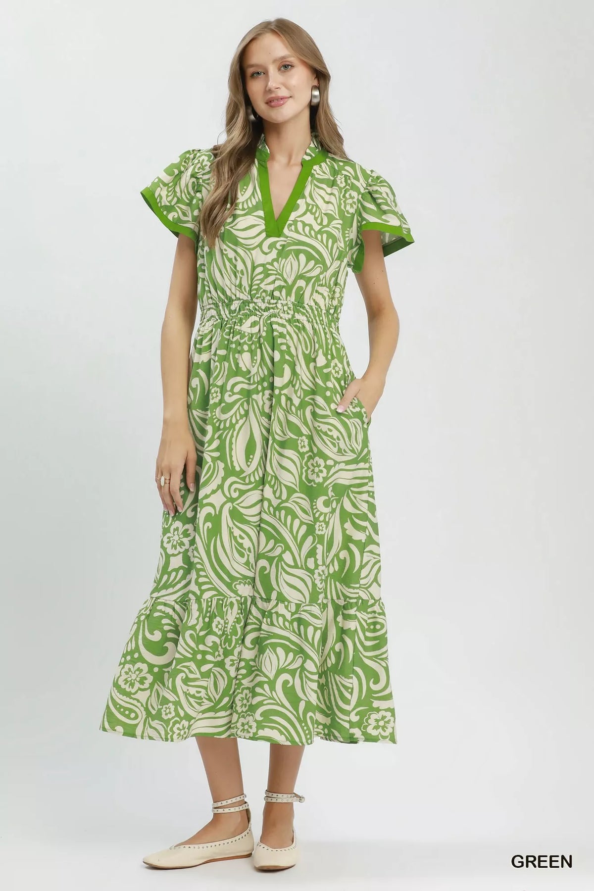 Umgee Paisley Print Midi Dress with Side Pockets - Green