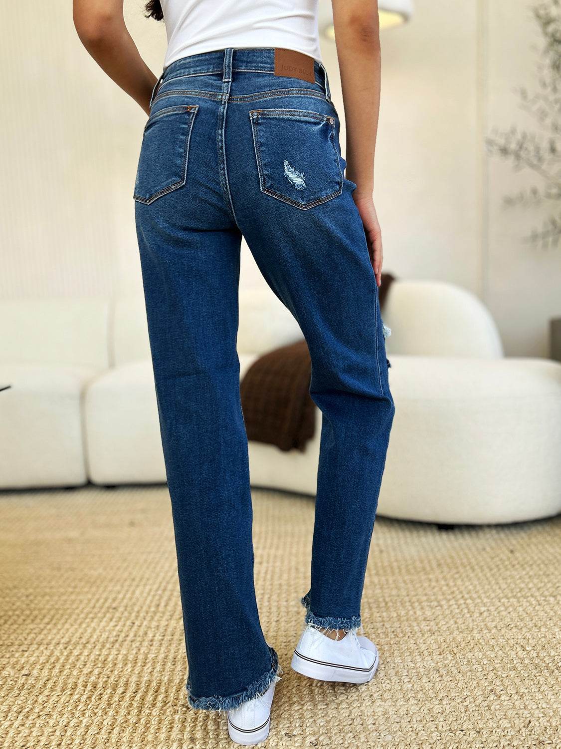 Judy Blue Full Size Mid Rise Distressed Raw Hem Jeans - DaTrendStore.Com