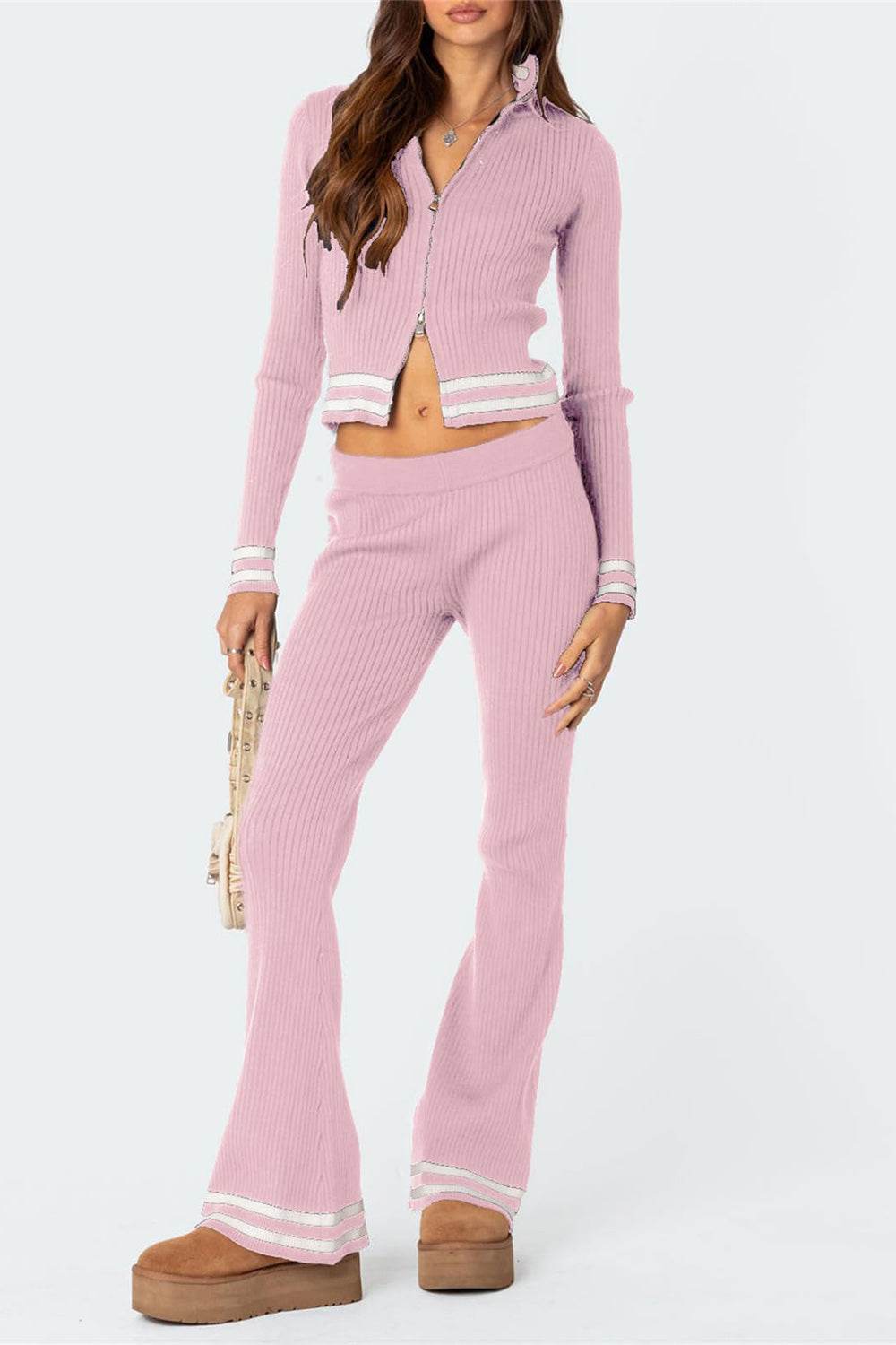 Zip Up Long Sleeve Top and Pants Set - DaTrendStore.Com