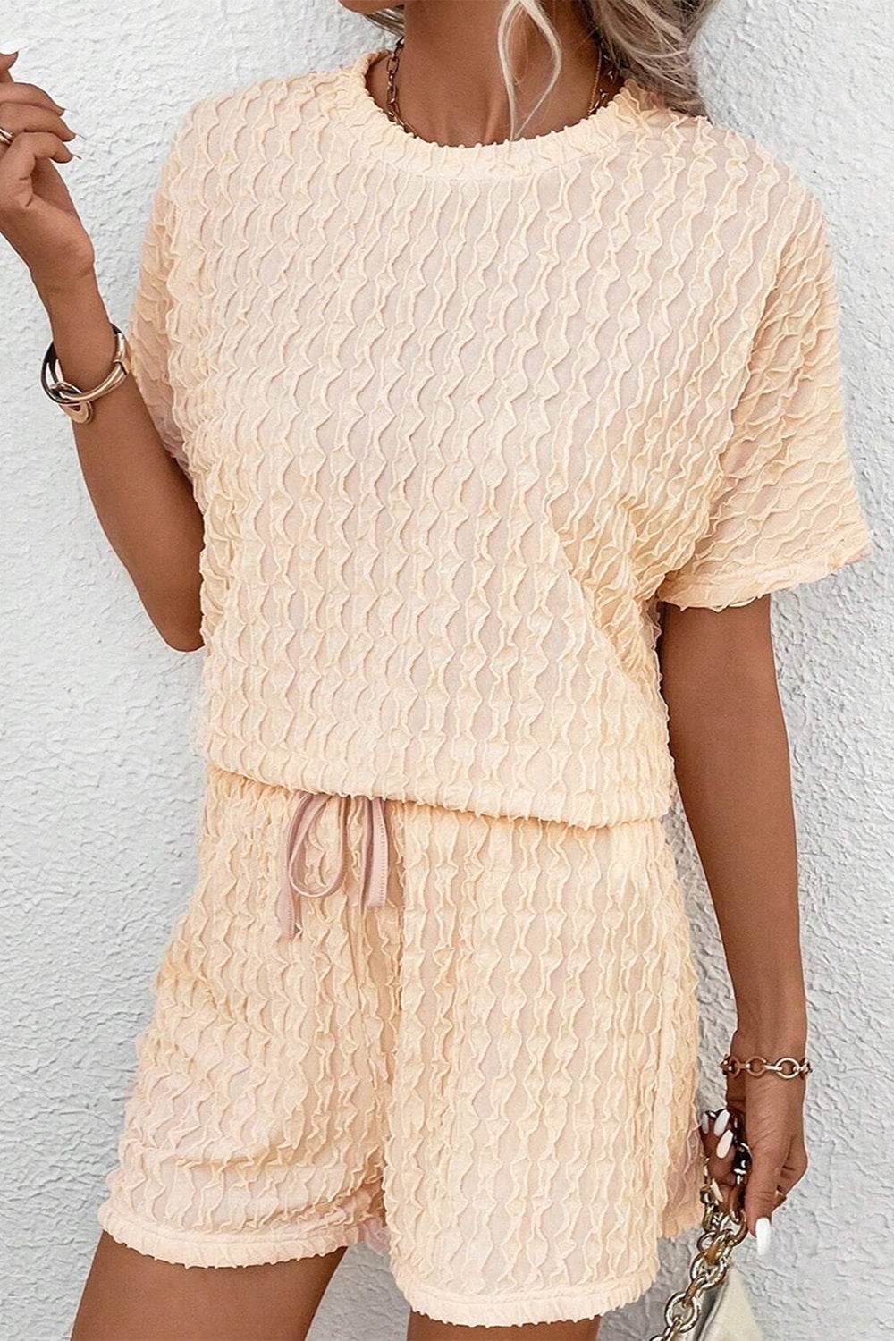 Textured Round Neck Top and Shorts Set - DaTrendStore.Com