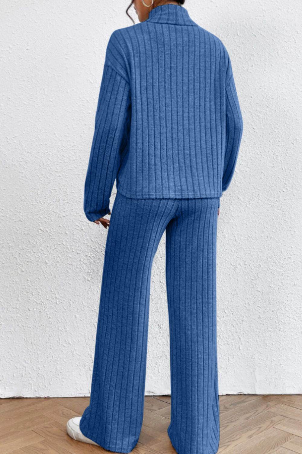 Mock Neck Dropped Shoulder Top and Pants Set - DaTrendStore.Com