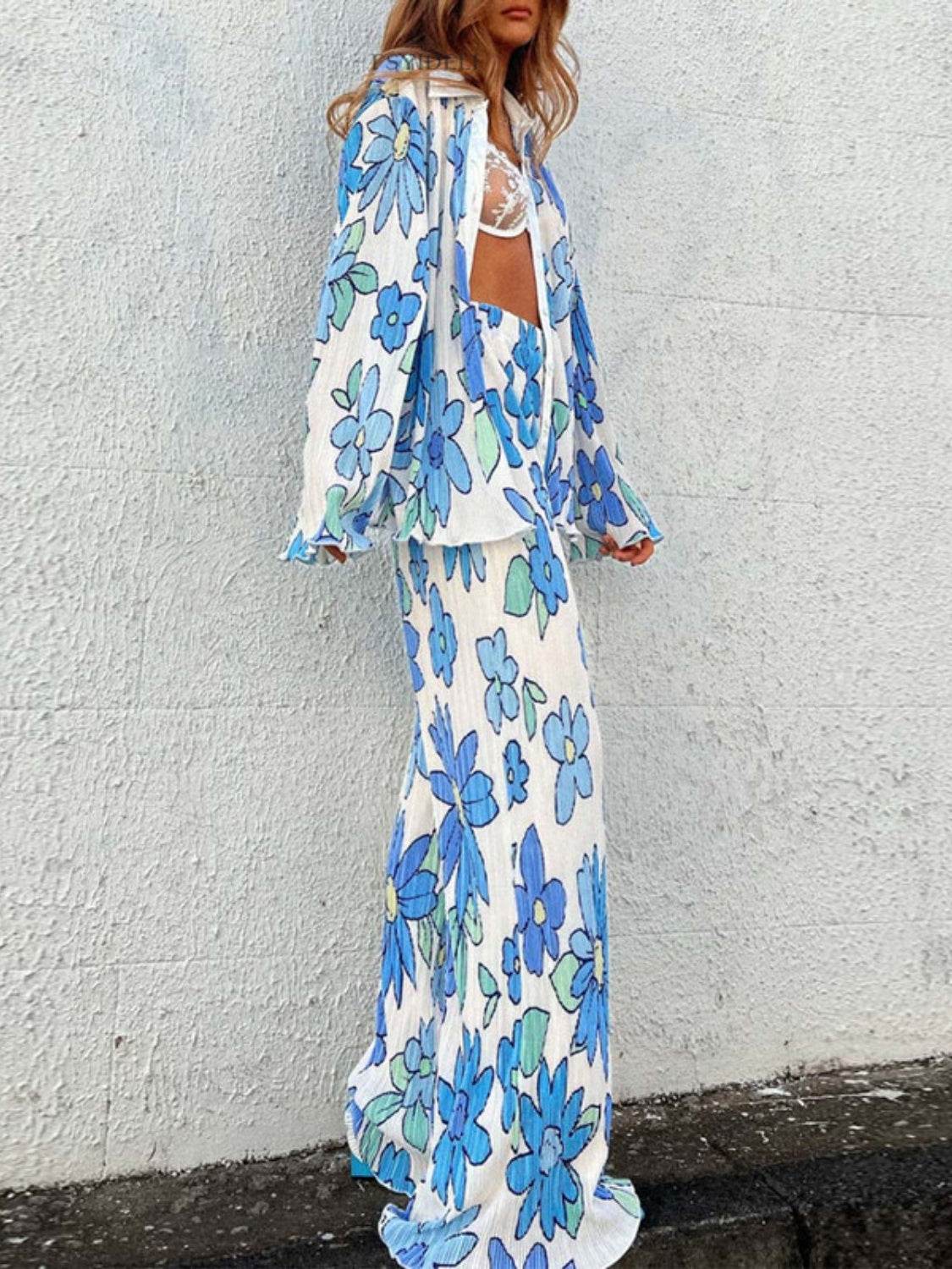 Printed Collared Neck Long Sleeve Top and Pants Lounge Set - DaTrendStore.Com