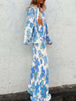 Printed Collared Neck Long Sleeve Top and Pants Lounge Set