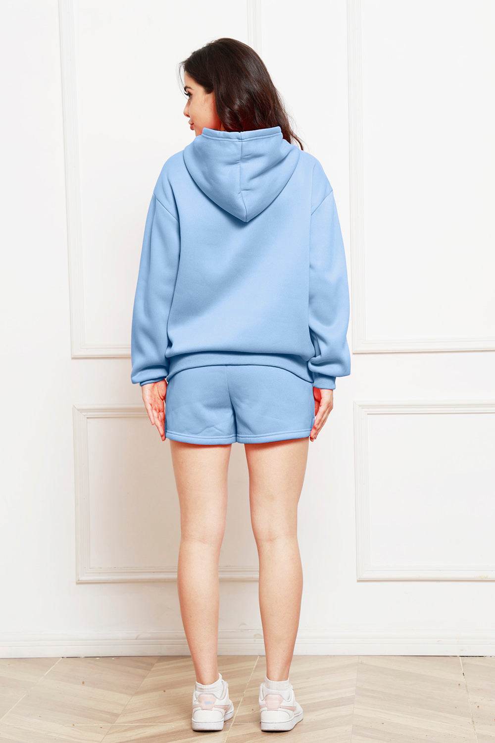 Drop Shoulder Long Sleeve Hoodie and Shorts Set - DaTrendStore.Com