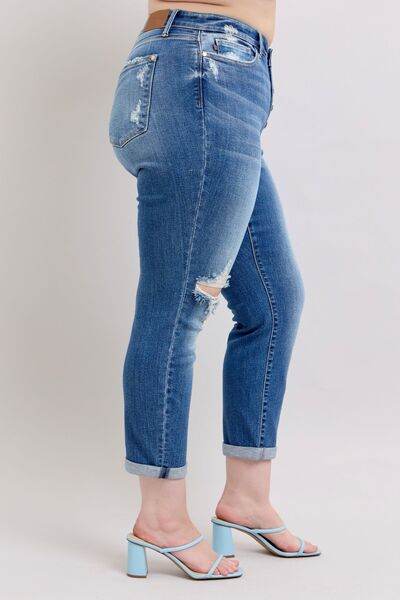 Judy Blue Full Size Button Fly Distressed Jeans with Pockets Plus Size - DaTrendStore.Com