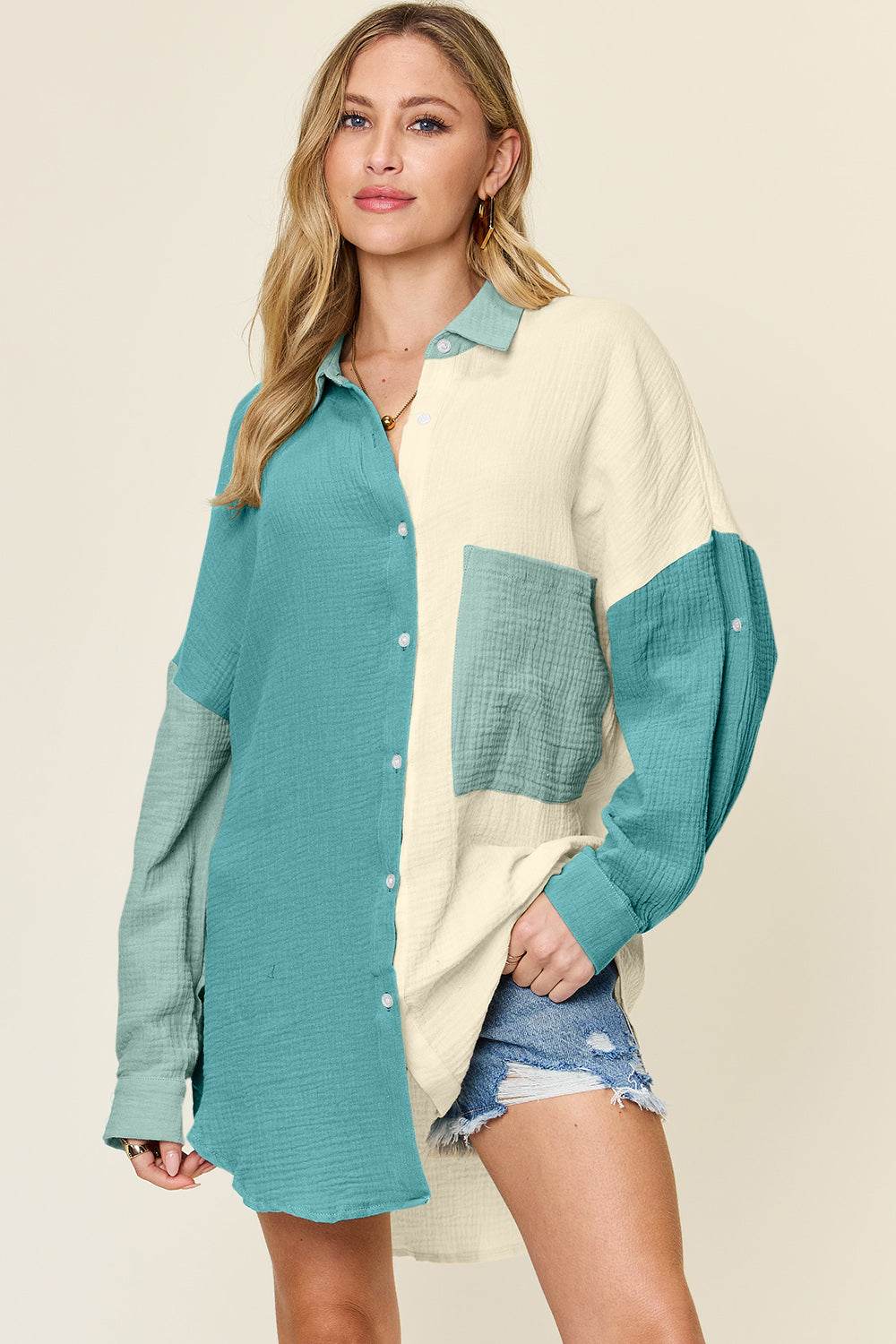 Double Take Full Size Pocketed Texture Button Up Shirt - DaTrendStore.Com