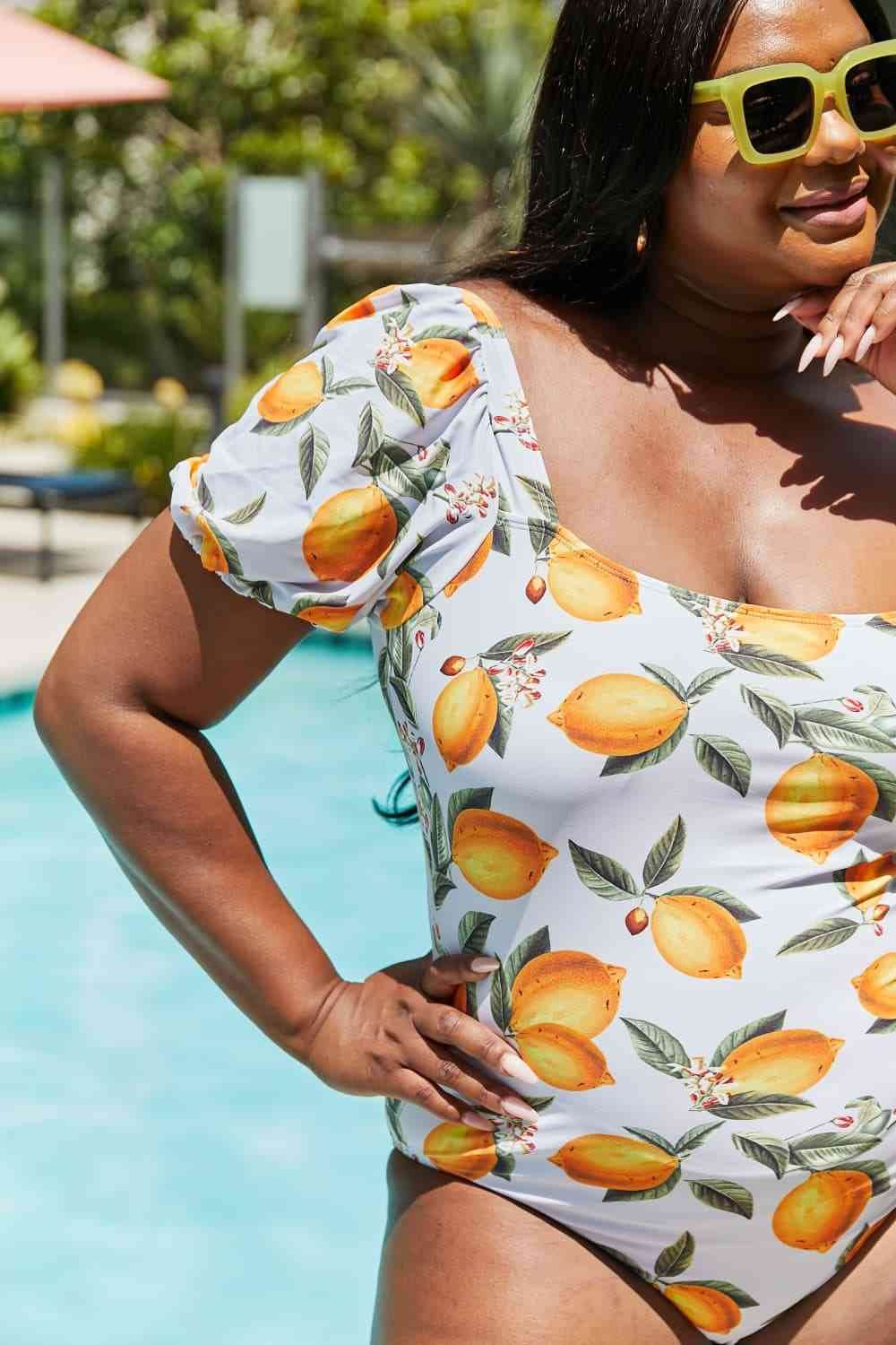 Marina West Swim Salty Air Puff Sleeve One-Piece in Citrus Orange - DaTrendStore.Com
