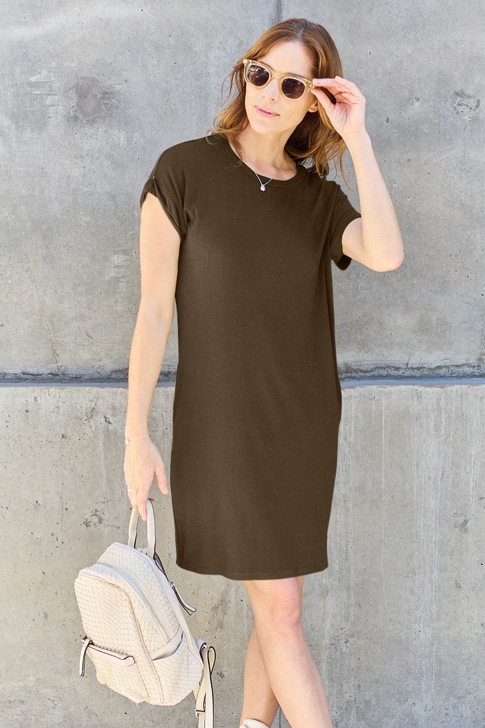 Basic Bae Full Size Round Neck Short Sleeve Dress with Pockets - DaTrendStore.Com