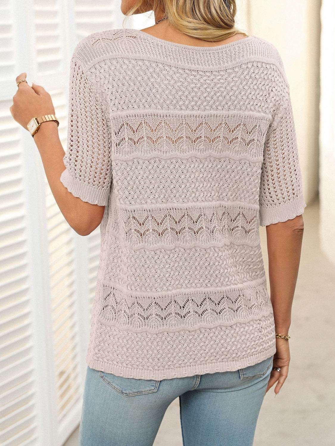 Openwork Round Neck Half Sleeve Knit Top - DaTrendStore.Com