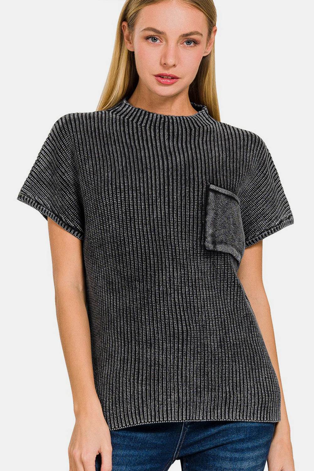 Zenana Pocketed Mock Neck Short Sleeve Sweater - DaTrendStore.Com