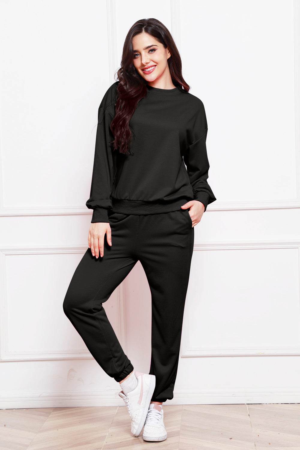 Round Neck Long Sleeve Sweatshirt and Pants Set - DaTrendStore.Com