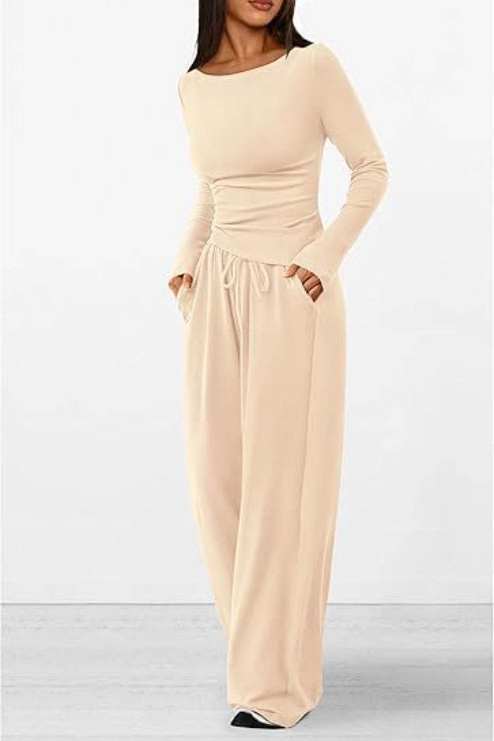 Round Neck Long Sleeve Top and Pants Set - DaTrendStore.Com