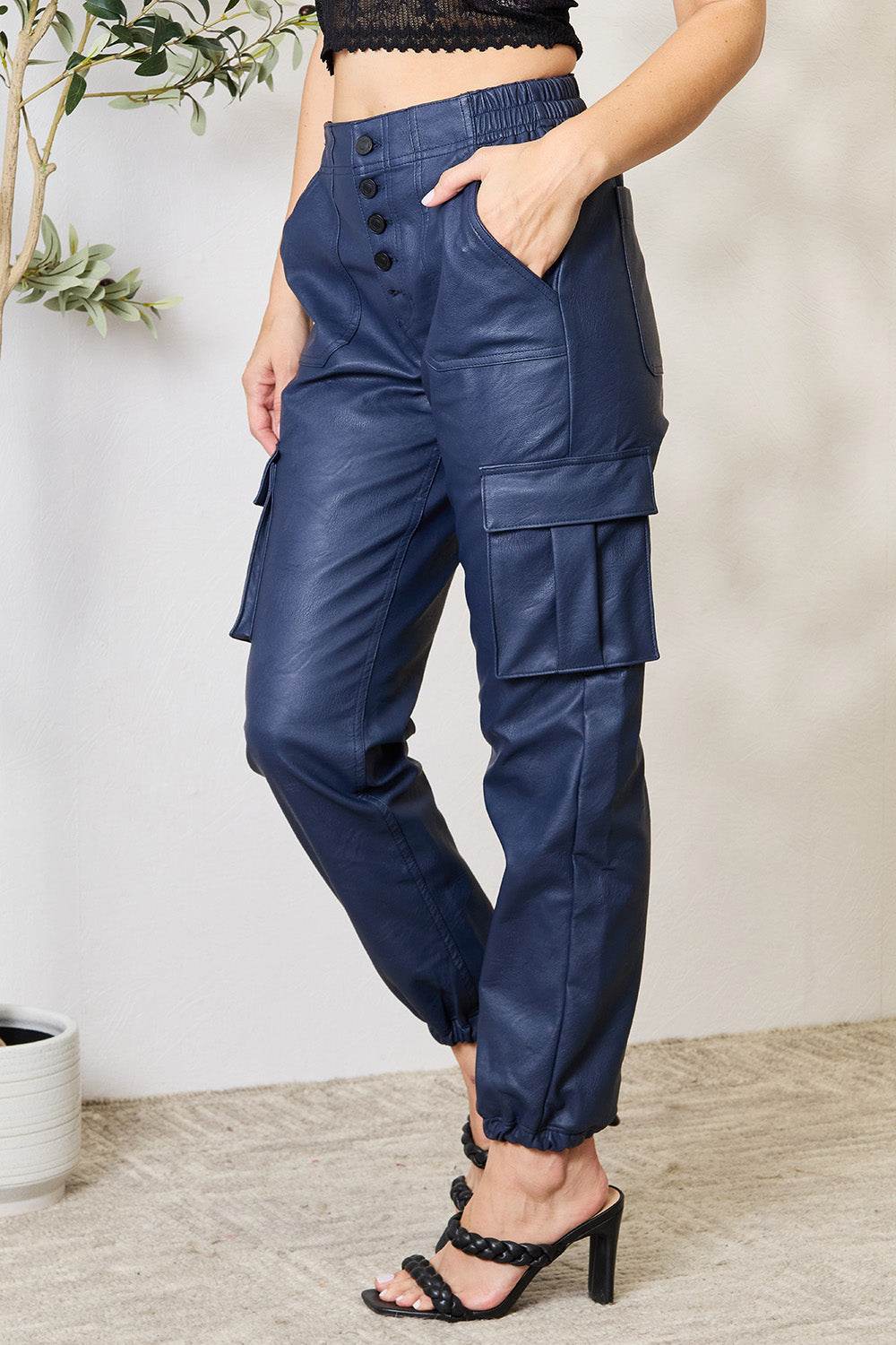 Kancan High Waist Faux Leather Cargo Joggers - DaTrendStore.Com